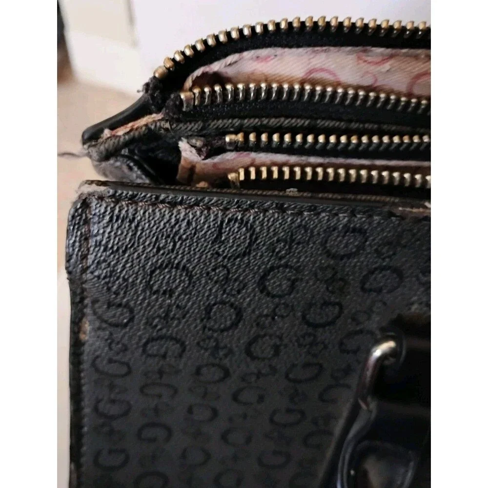 GUESS Fitz Black Monogram Satchel Bag Top Handle Purse SV860907 Triple Pocket